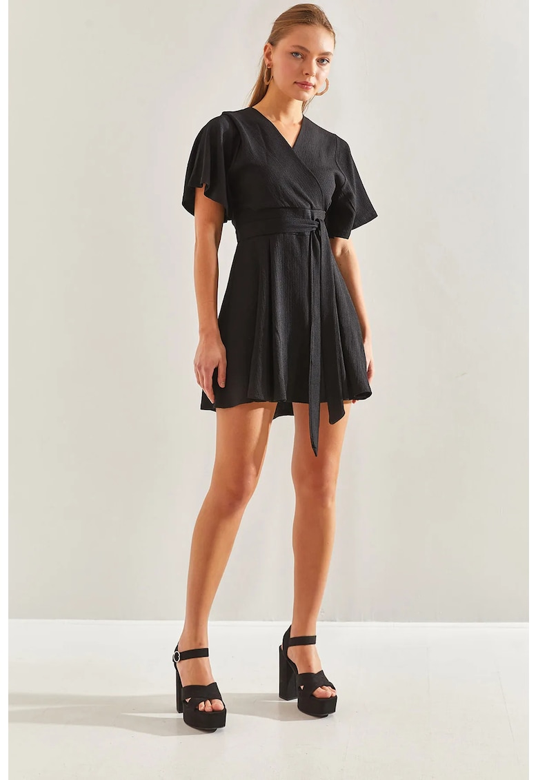 Rochie mini - texturata - decolteu in V - negru - bumbac