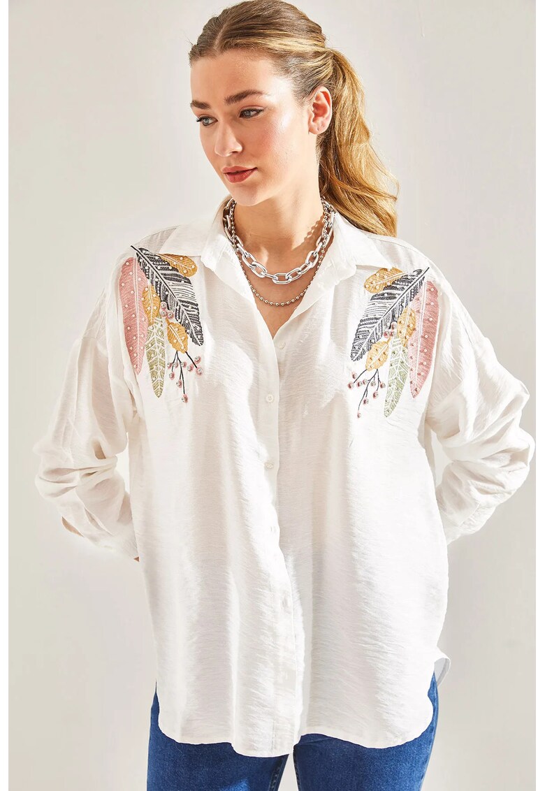 Camasa dama LUCCI - aplicatii cu pietre - alb - viscoza si nylon