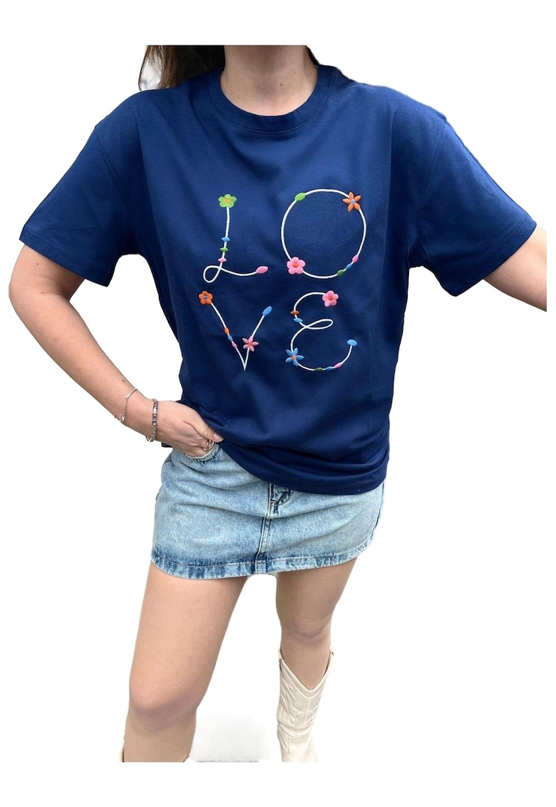 Tricou dama - bumbac - brodat - albastru