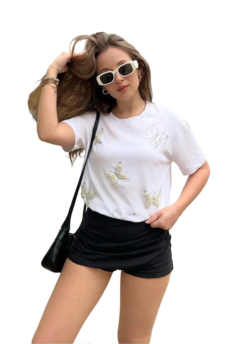 Tricou dama -  tricou scurt cu guler rotund - alb - bumbac