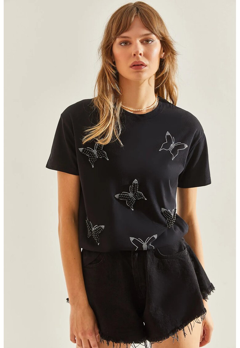 Tricou dama - crop - brodat - negru - bumbac