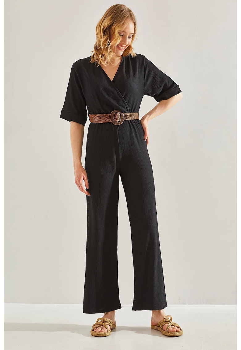 Salopeta dama LUCCI - decolteu in V - negru - bumbac - poliester