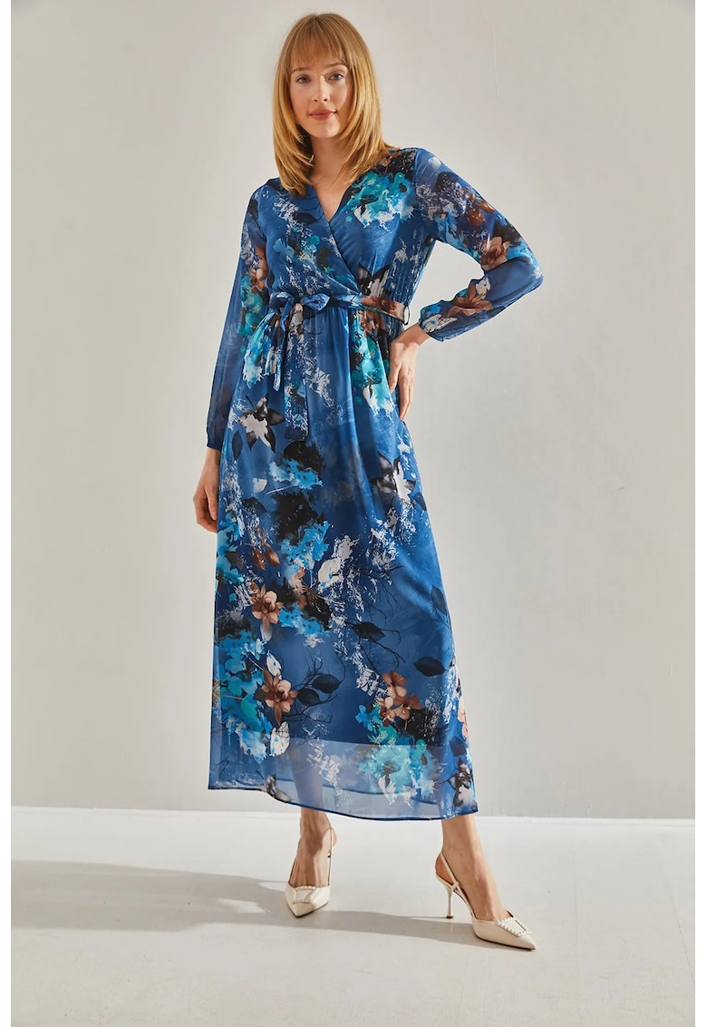 Rochie maxi dama - HiCCUP - decolteu in V - imprimeu floral - tul - albastru