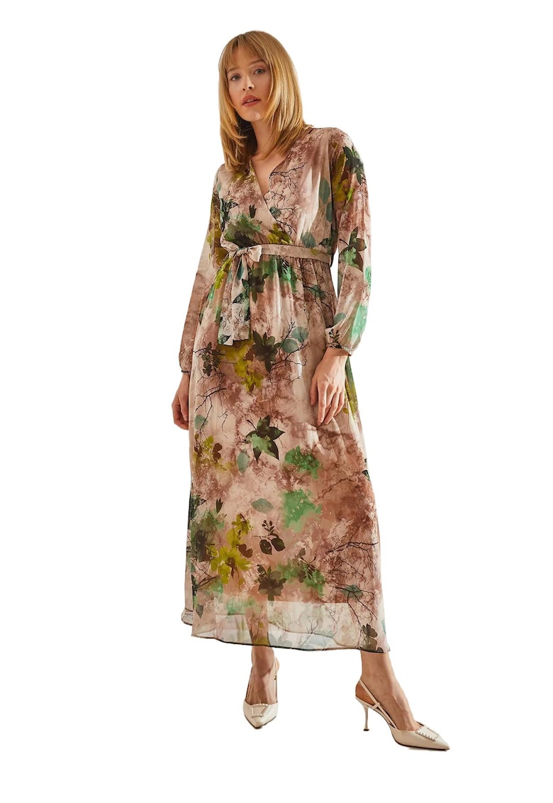 Rochie maxi dama decolteu in V - imprimeu floral - tul - multicolor