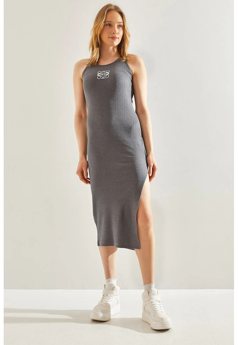 Rochie midi - brodata - gri - bumbac -