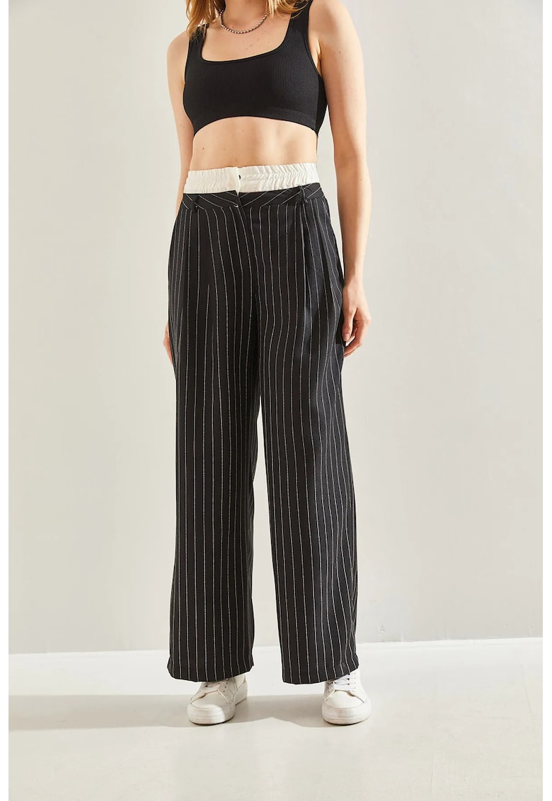 Pantaloni dama -  largi cu dungi - negru - viscoza/poliester