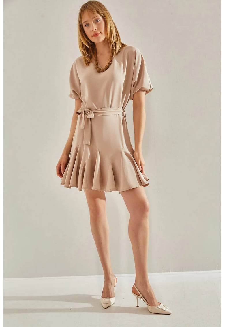 Rochie mini HiCCUP cu decolteu in V - bej - poliester-bumbac