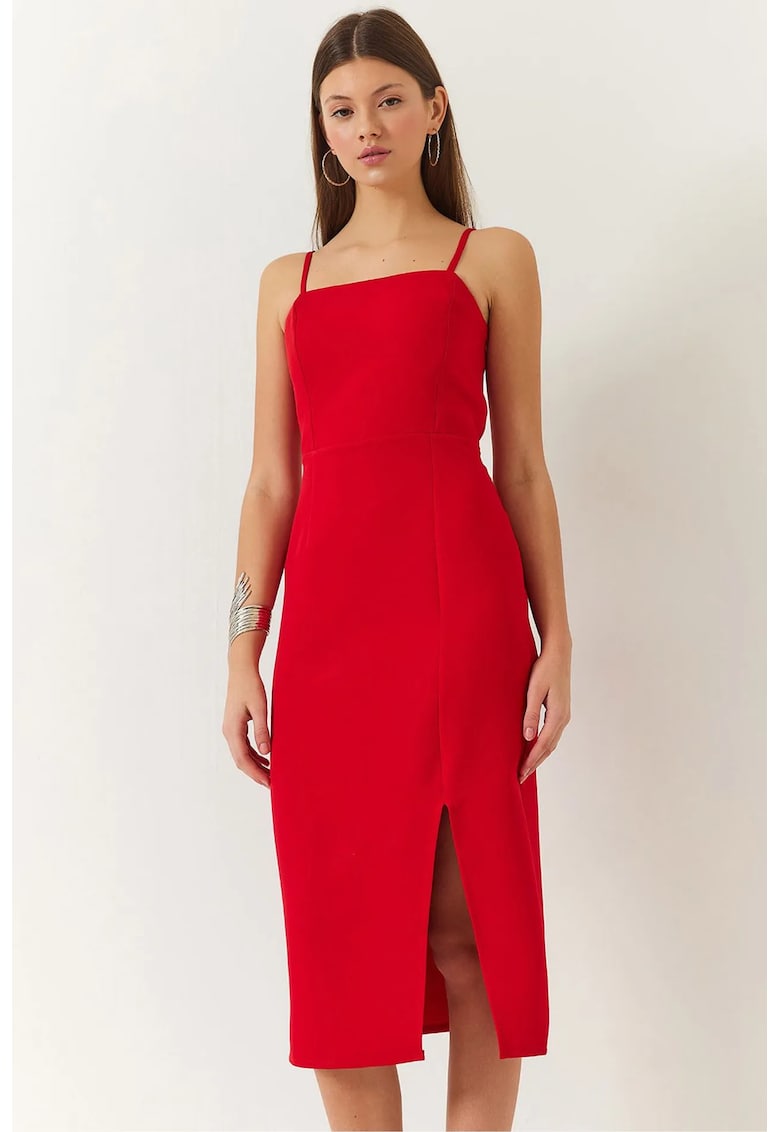 Rochie midi mulata HiCCUP cu guler patrat si crapatura - rosie - poliester-bumbac