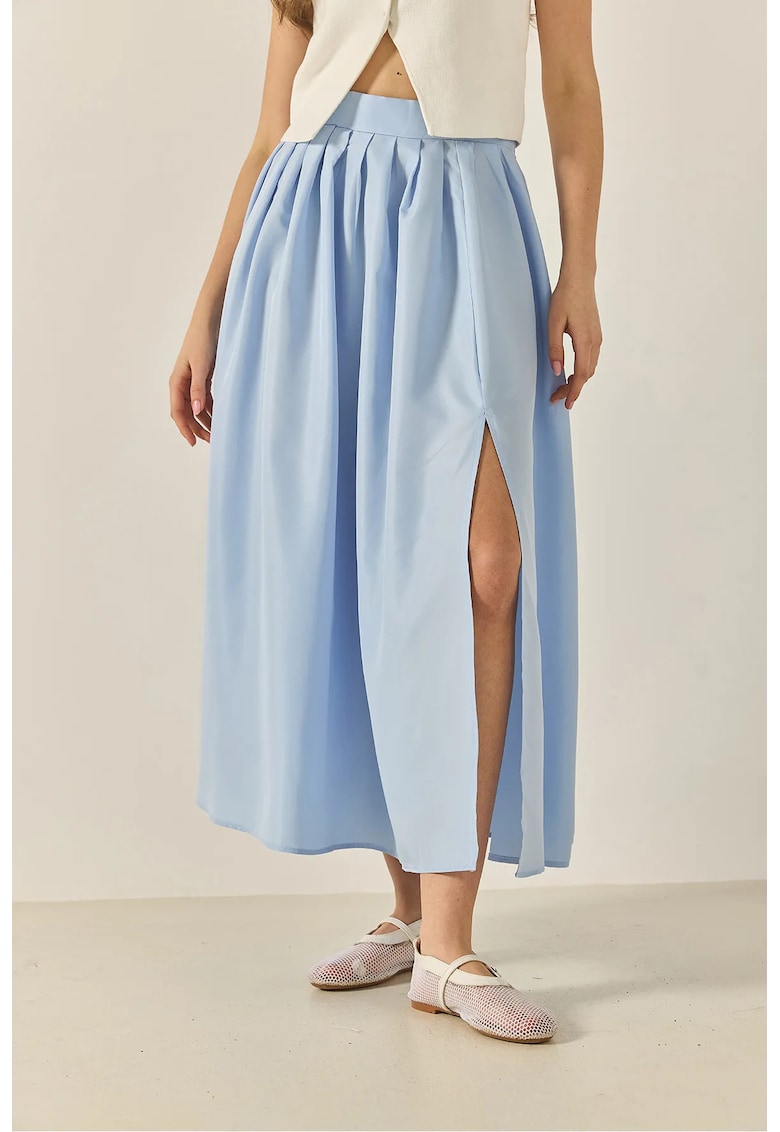 Fusta maxi - talie inalta - cu crapatura - albastru - poliester