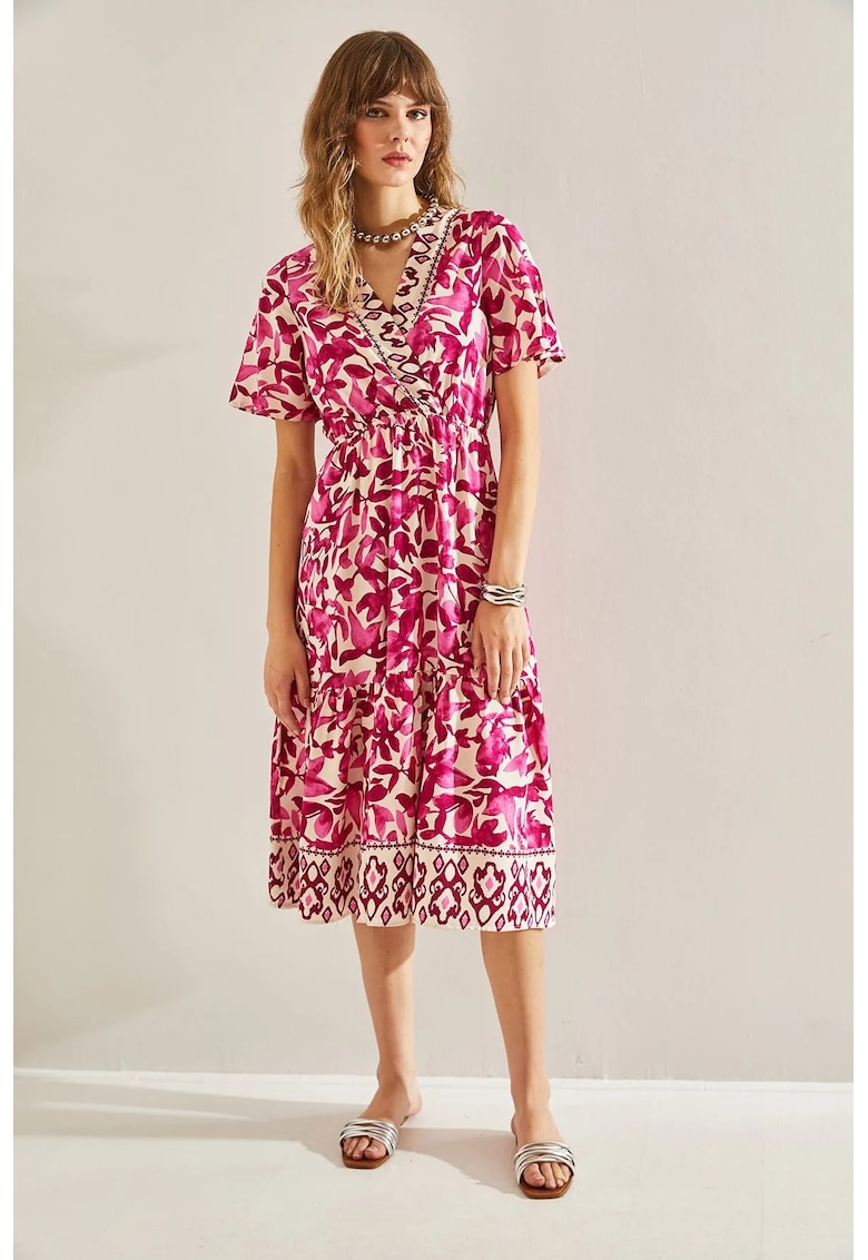 Rochie midi - decolteu in V - volane - roz - bumbac -