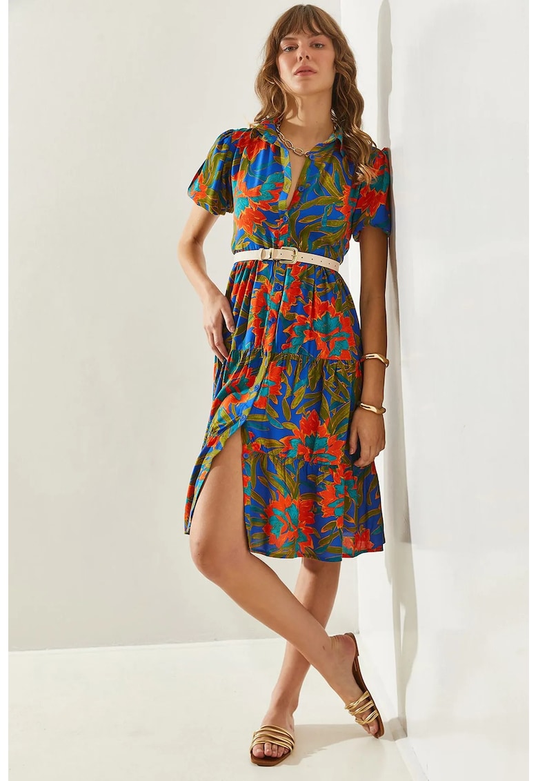 Rochie midi - imprimeu floral - guler camasa - volane - multicolor - poliester