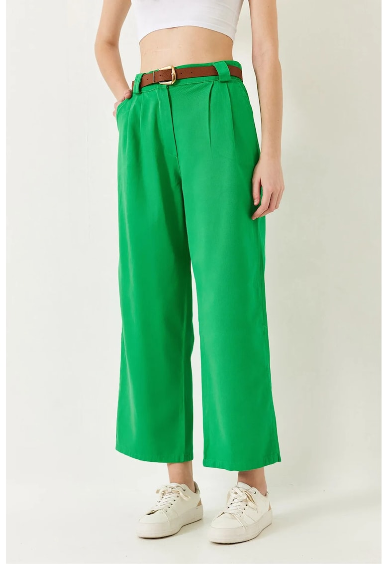 Pantaloni dama - picior larg - cu curea - verde - bumbac