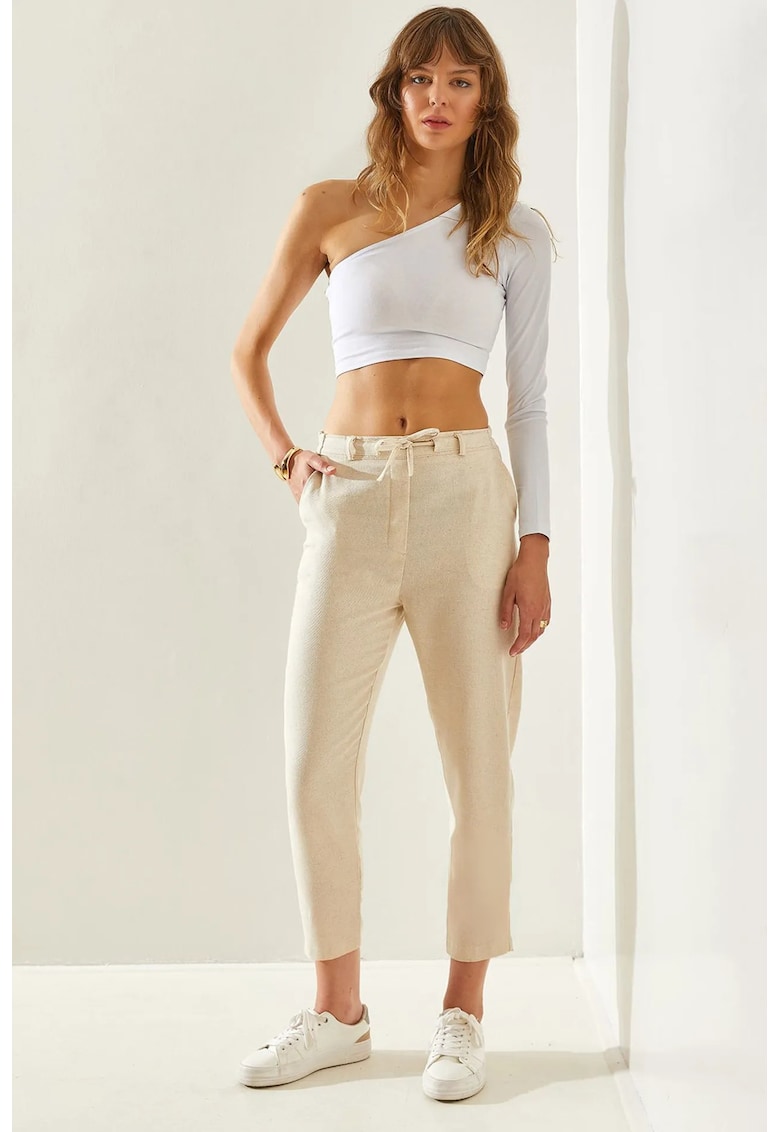 Pantaloni HiCCUP - lungi pana la glezna - talie elastica - crem - bumbac