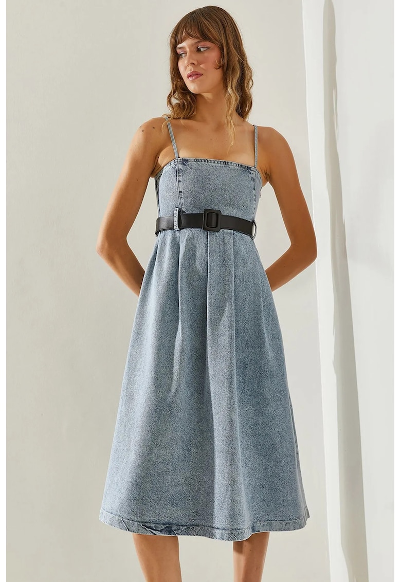 Rochie midi din denim curea - guler patrat - albastru - bumbac