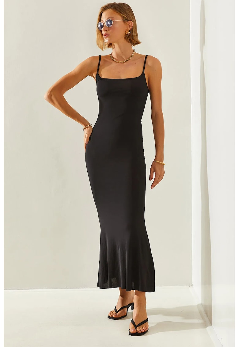 Rochie midi -  mulata cu guler patrat - negru - poliester-lycra