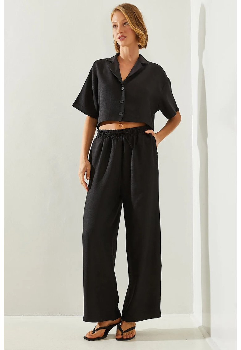 Set doua piese - camasa scurta cu nasturi si pantaloni largi - negru - textil