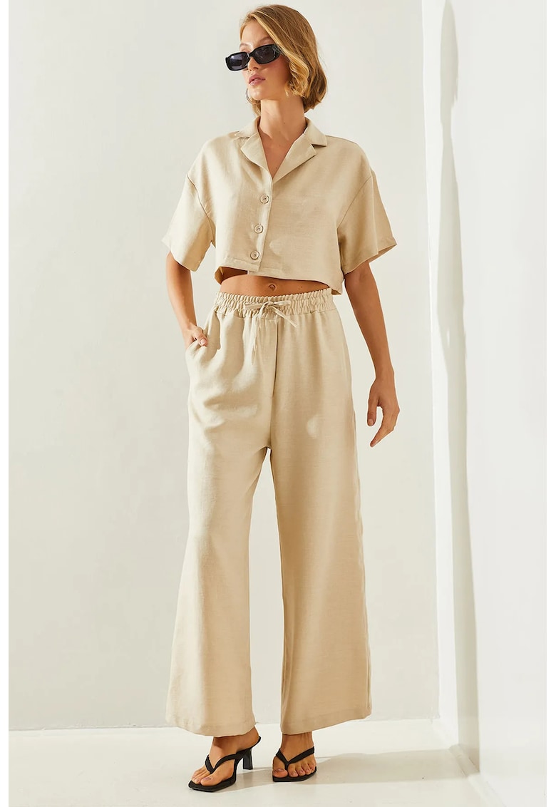 Set doua piese - camasa scurta cu nasturi si pantaloni largi - bej - textil