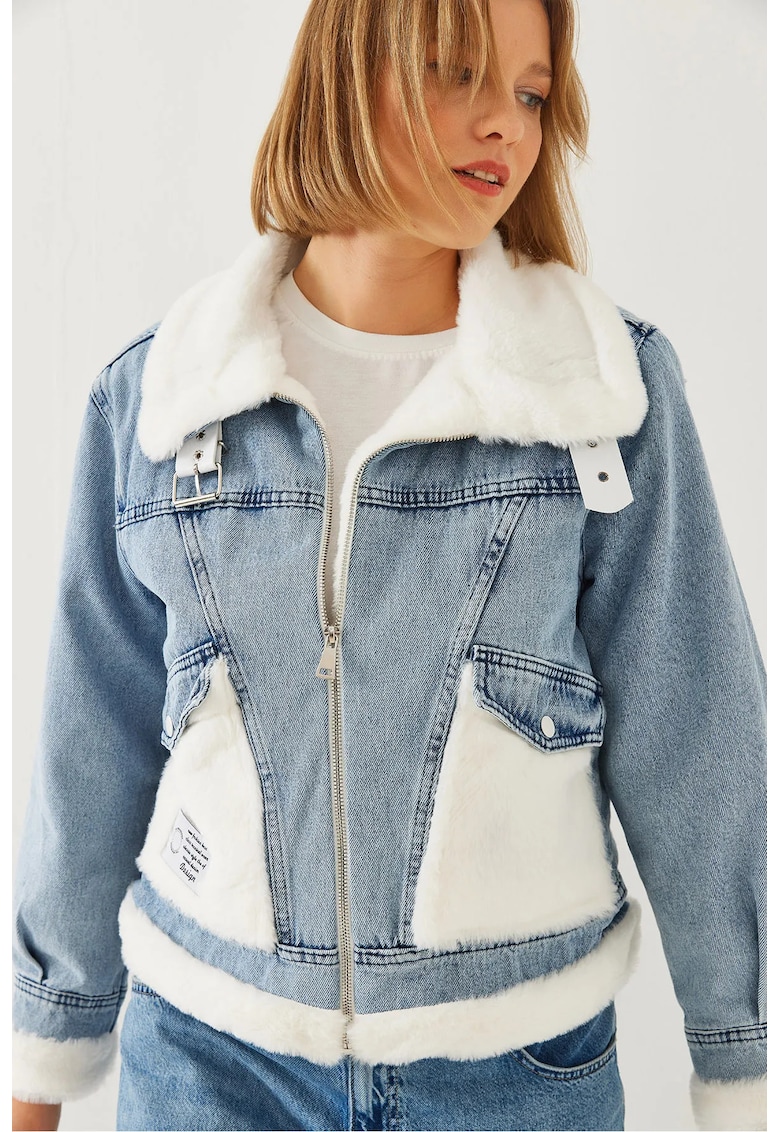 Jacheta dama cu guler din blana artificiala - bumbac - alb/albastru