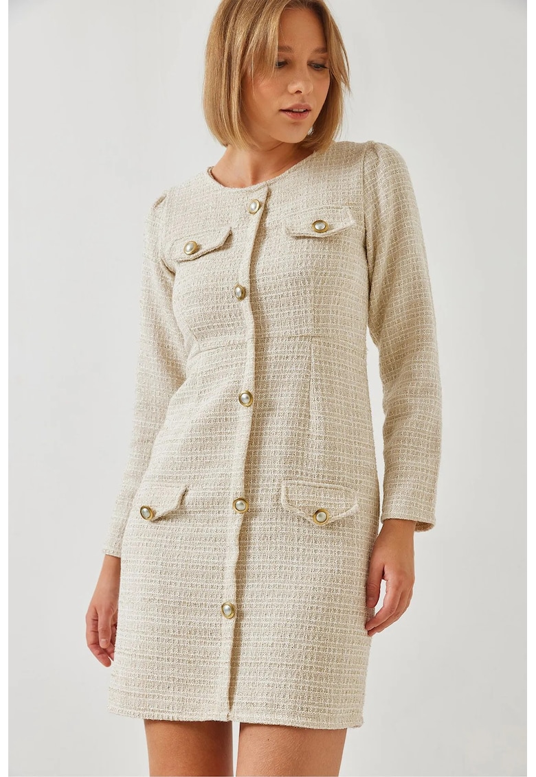 Rochie mini - HiCCUP - din tweed cu buzunare - bej - textil