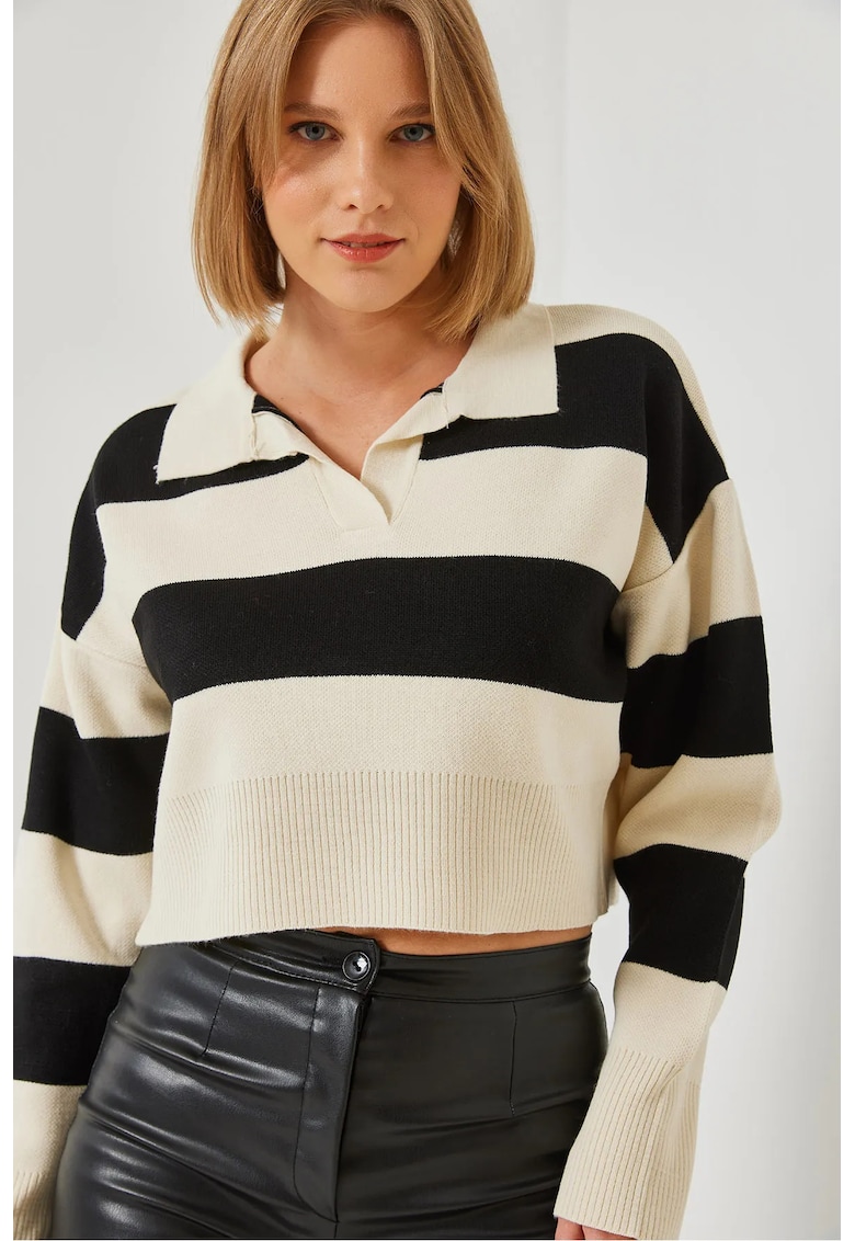 Pulover scurt - guler polo - acril - alb/negru -