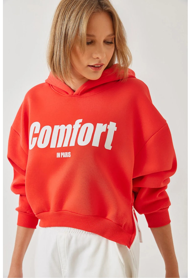 Hanorac crop supradimensionat cu gluga  rosu - bumbac