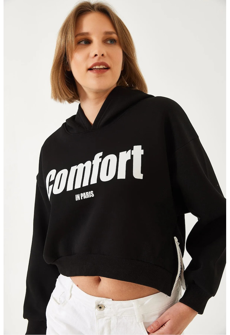 Hanorac crop supradimensionat cu gluga  negru - bumbac