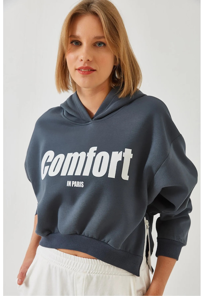 Hanorac supradimensionat cu gluga gri - bumbac