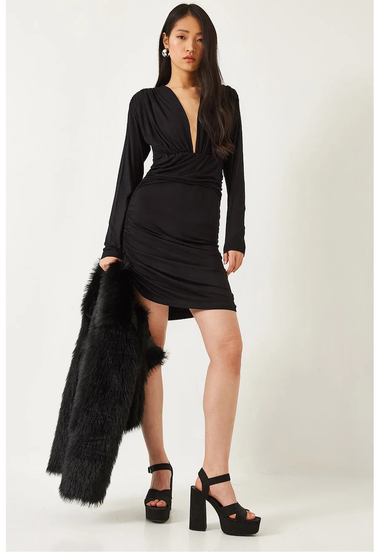 Rochie mini mulata  cu detalii incretite - decolteu in V - negru - bumbac si poliester