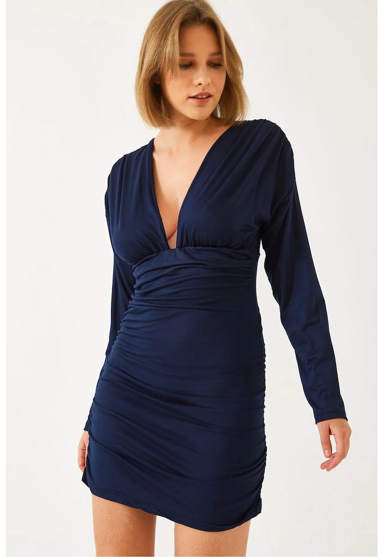 Rochie mini mulata  cu detalii incretite - decolteu in V - albastru - poliester-bumbac