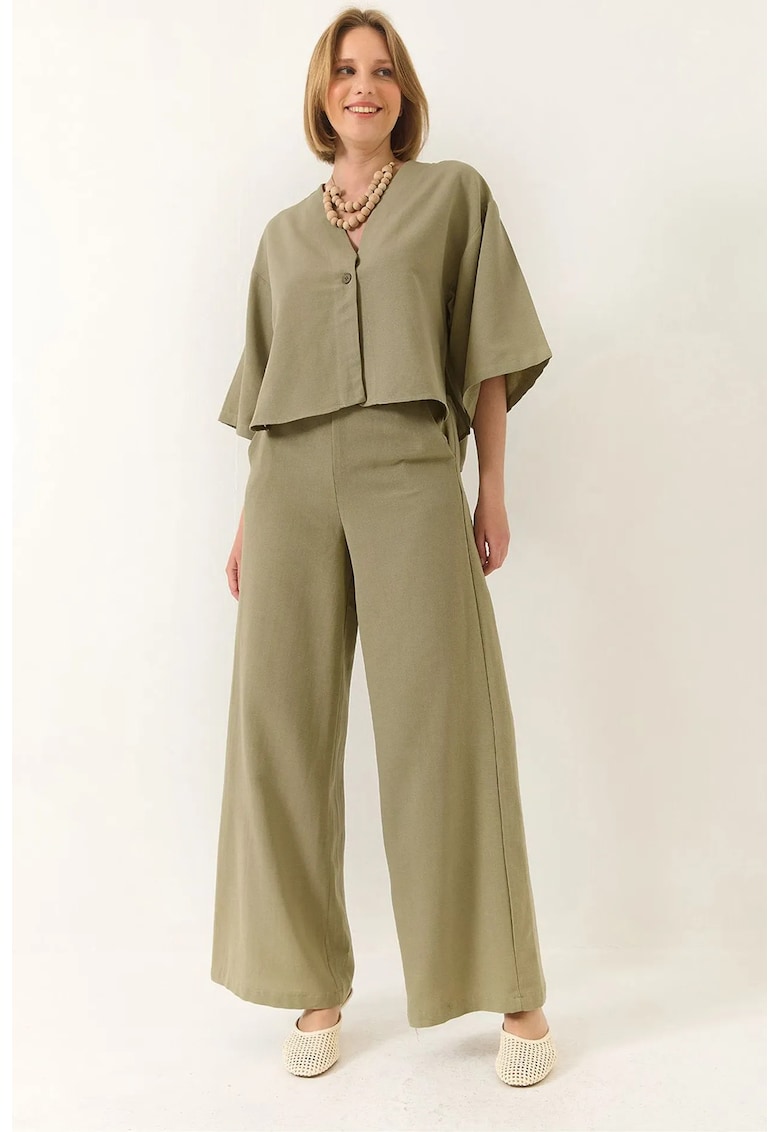 Set doua piese -  tunica cu decolteu in V si pantaloni largi - verde - viscoza