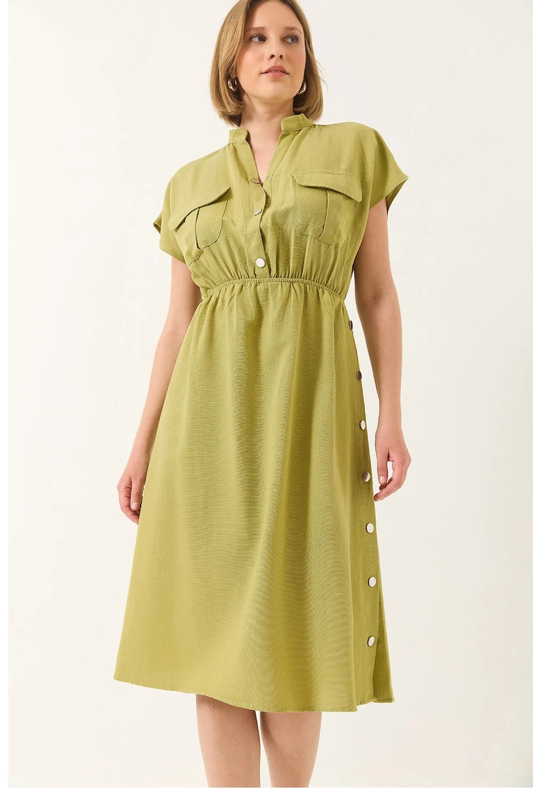 Rochie midi - HiCCUP - poplin - decolteu in V - buzunare - verde - viscoza