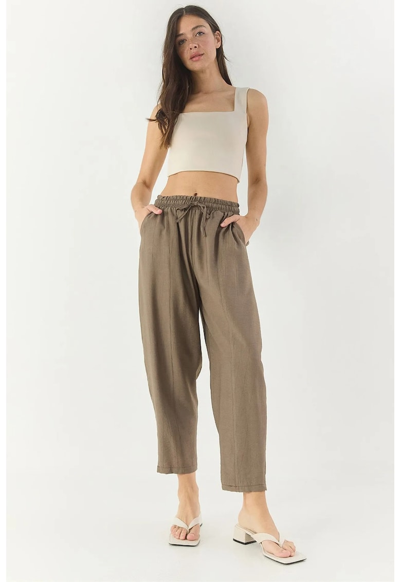 Pantaloni dama - croi larg - buzunare - maro - viscoza/poliester