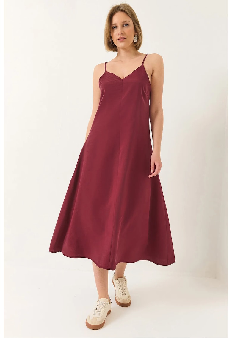 Rochie midi - HiCCUP - decolteu in V - fermoar - rosie - bumbac/poliester