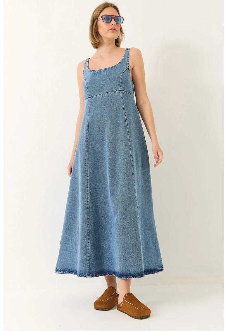 Rochie maxi din denim  guler patrat - albastra - material de bumbac