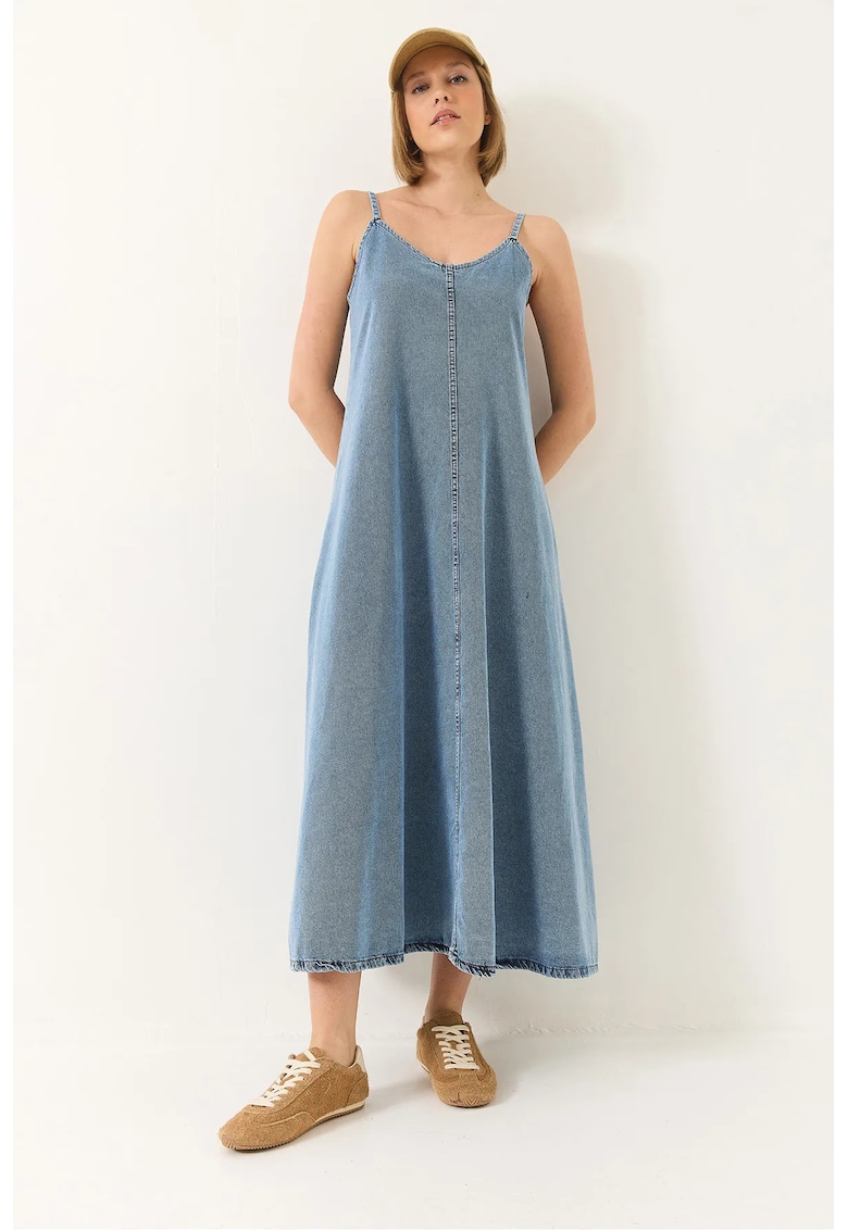 Rochie maxi din denim decolteu in V - inchidere cu nasturi - albastra - material de bumbac