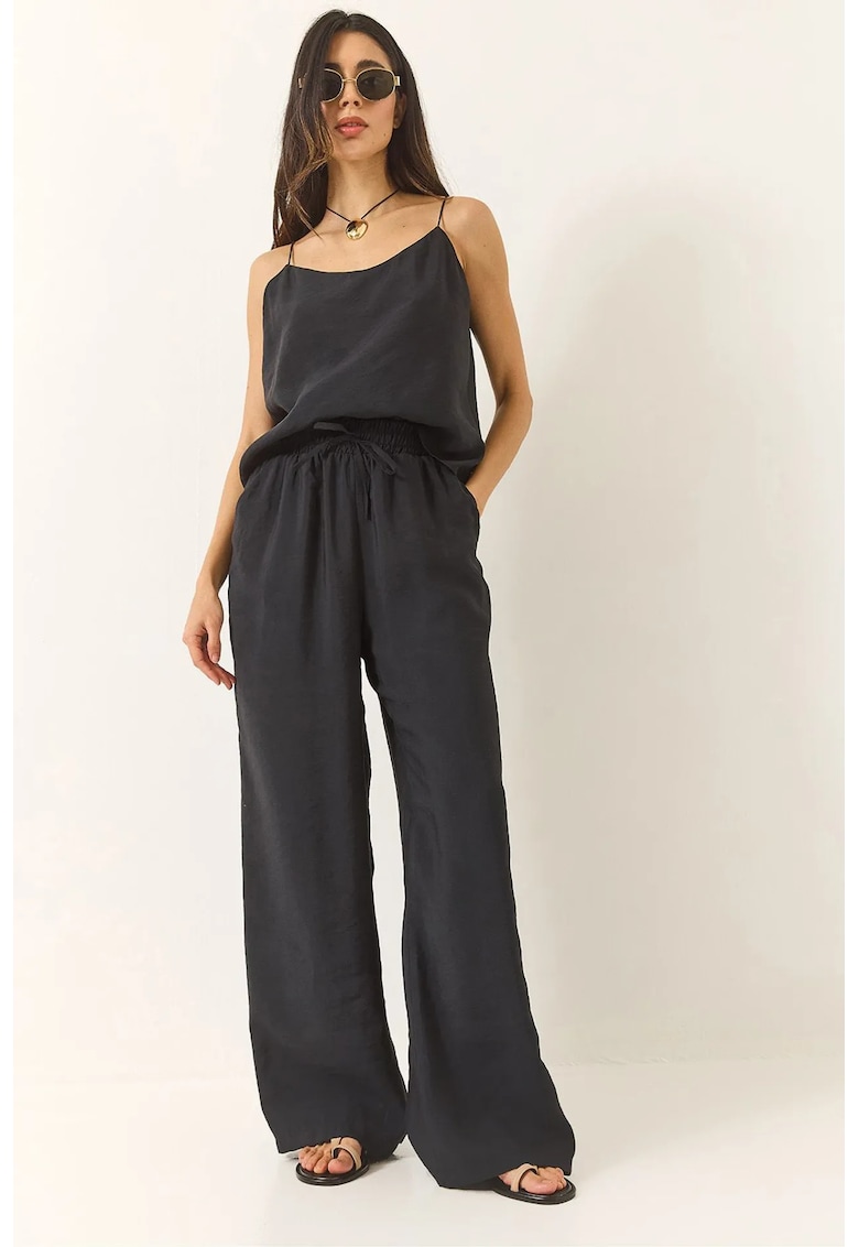 Set doua piese - decolteu in V - maneca lunga - negru - poliester-modal