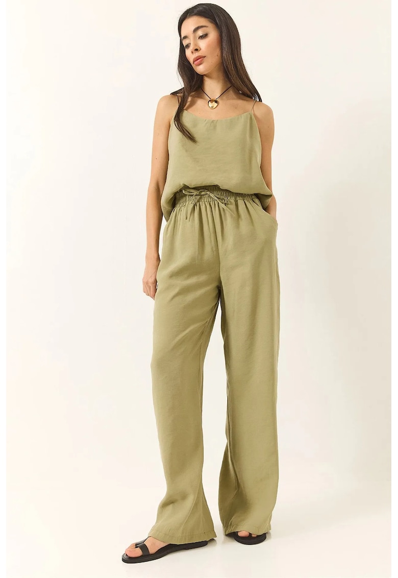 Set doua piese - decolteu in V - maneca lunga - verde - modal/poliester