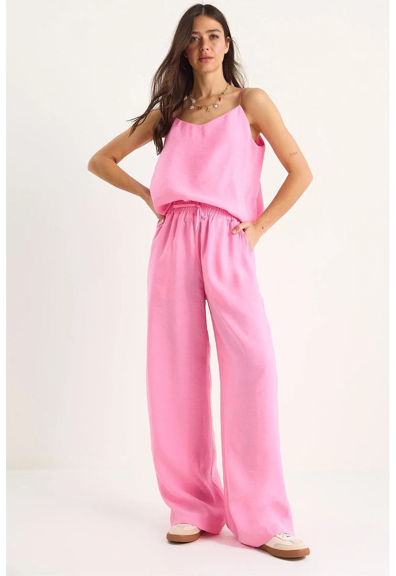 Set doua piese - decolteu in V - maneca lunga - roz - poliester/modal