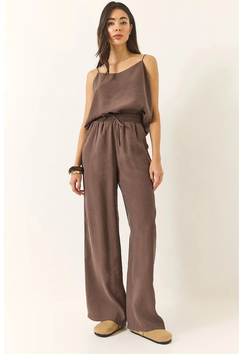 Set doua piese - decolteu in V - maneca lunga - maro - poliester-modal