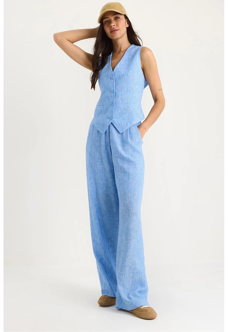 Set trei piese coordonat - cu decolteu in V - fara maneci - talie inalta - albastru - bumbac si viscoza