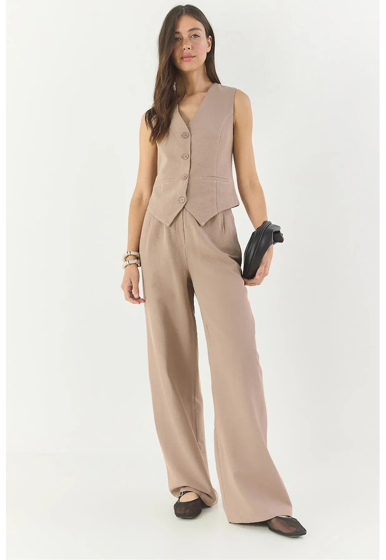 Set trei piese coordonat - decolteu in V - fara maneci - talie inalta - pantaloni lati - maro - textil