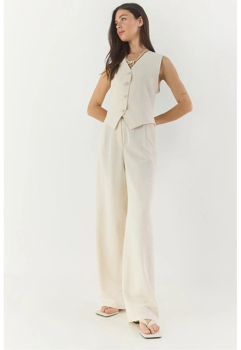 Compleu dama - decolteu in V - fara maneci - talie inalta - bej - bumbac si viscoza