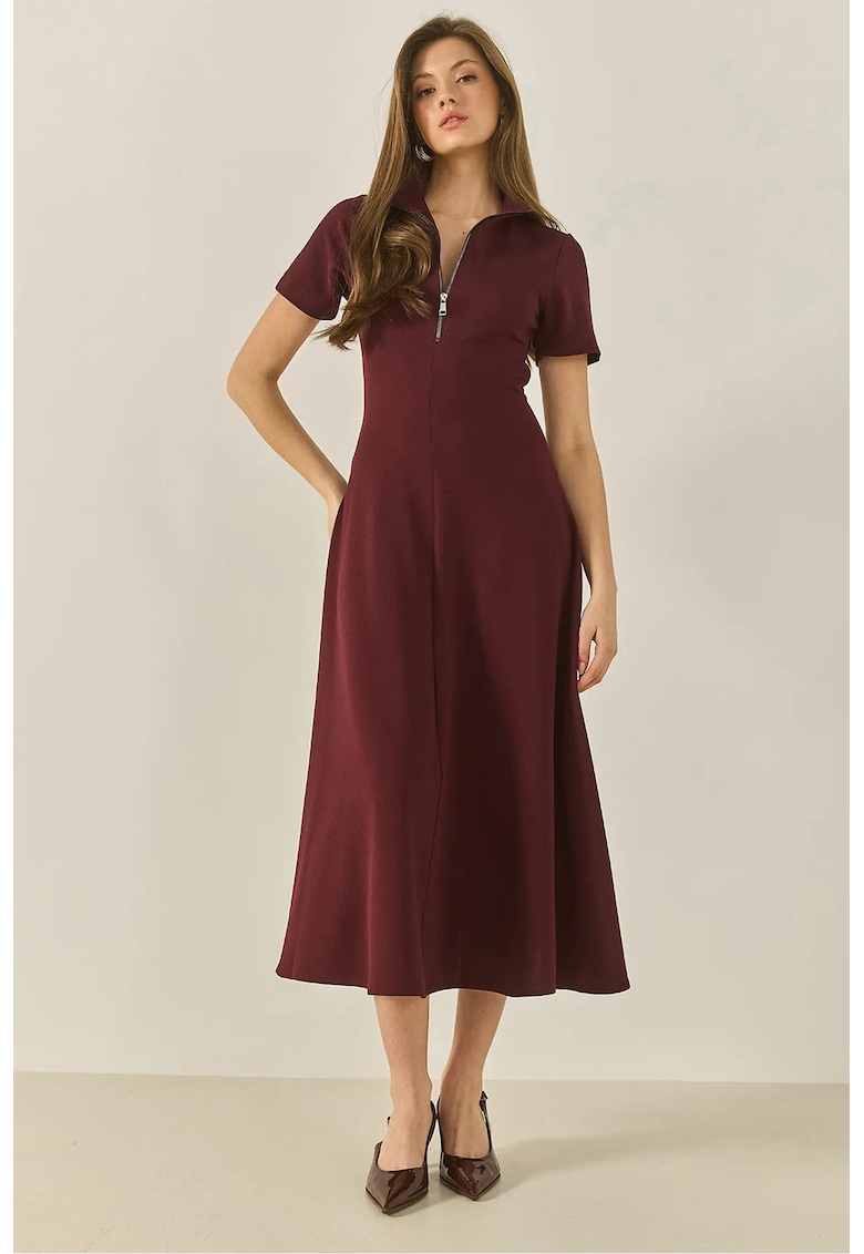 Rochie midi mulata  guler cu fermoar - rosu - poliester-elastan