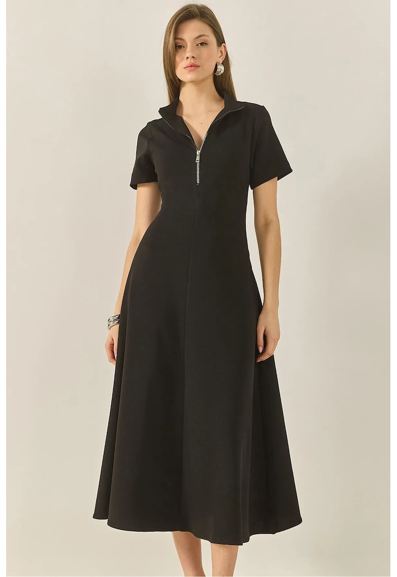 Rochie midi mulata -  guler cu fermoar - negru - poliester-elastan