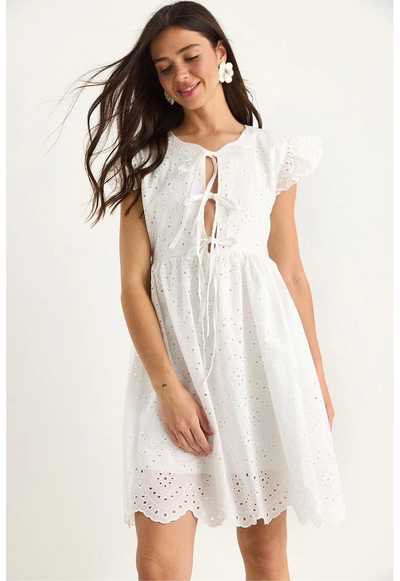 Rochie mini brodata cu funda HiCCUP - alb - bumbac-poliester
