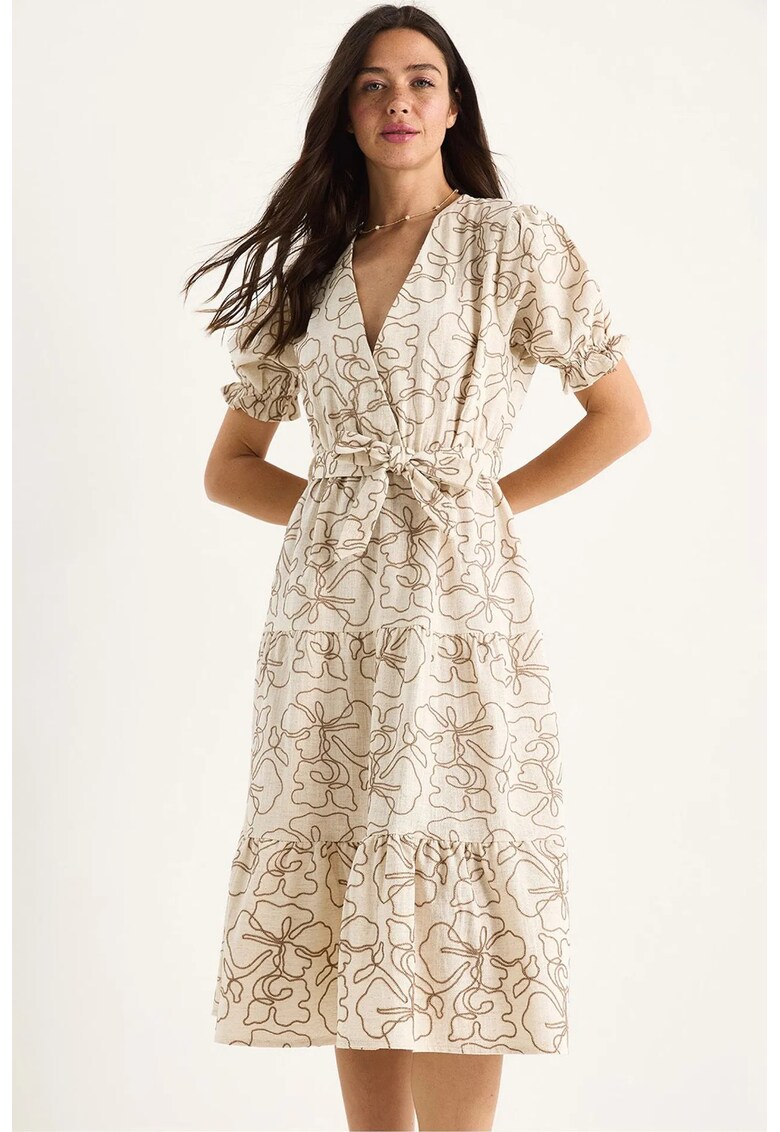 Rochie midi - decolteu in V - broderie - bej - bumbac