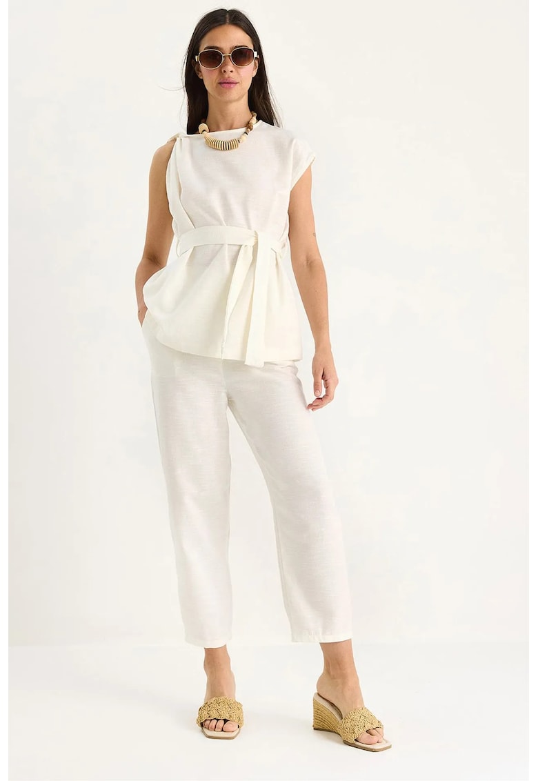 Set doua piese -  tunica scurta si pantaloni din bumbac texturat - bej - cu inchidere cu nod