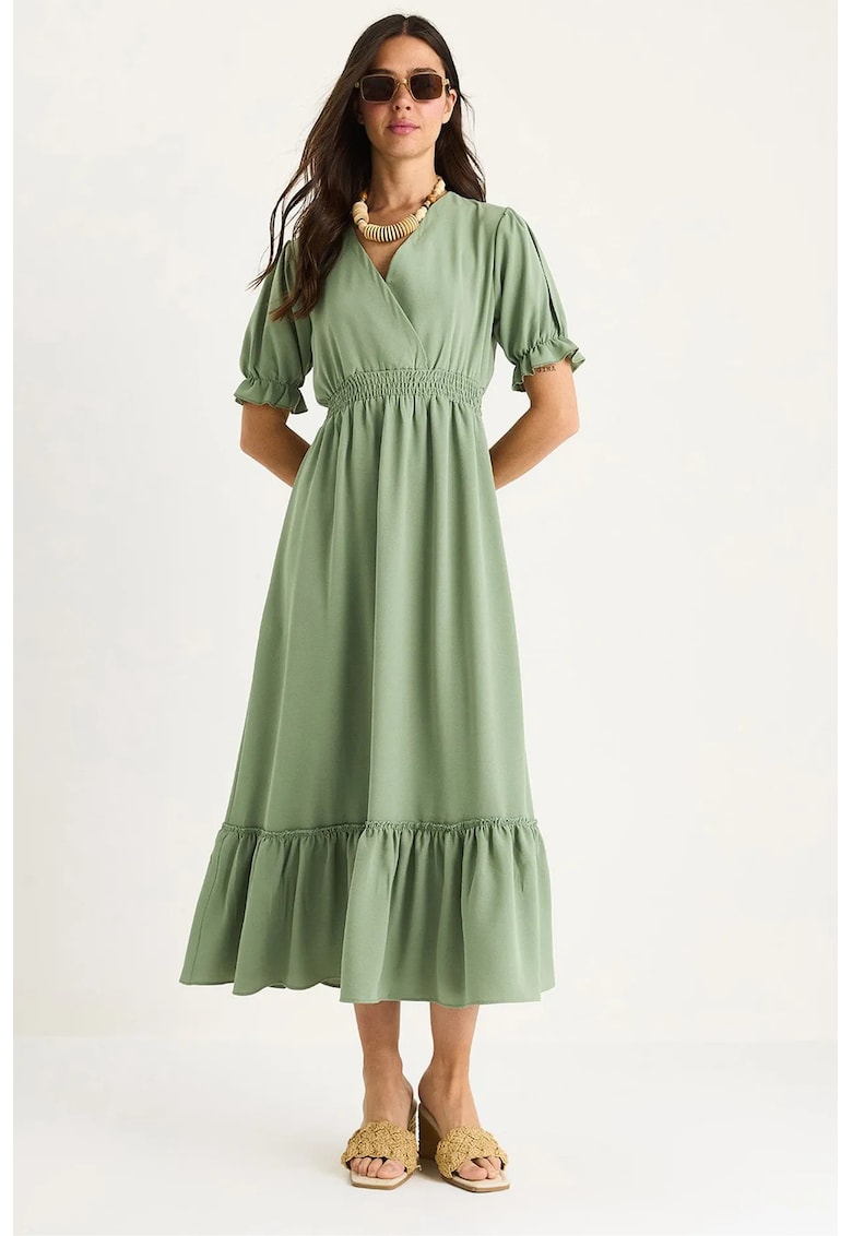 Rochie midi -  decolteu in V - funda - verde - poliester-bumbac