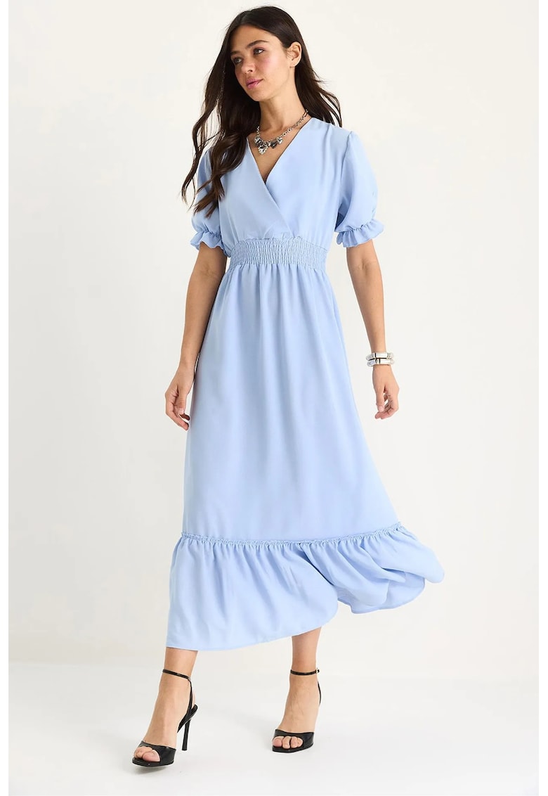 Rochie midi -  decolteu in V - funda - albastru - poliester-bumbac