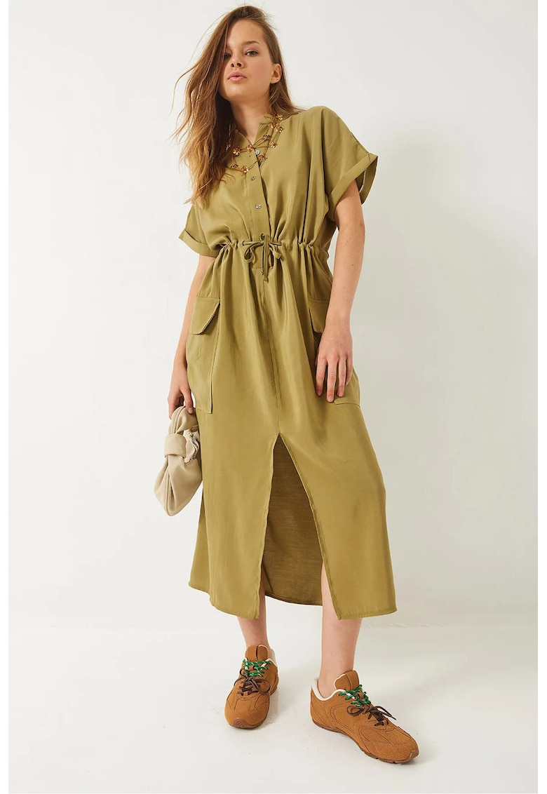 Rochie midi - HiCCUP - croiala lejera - guler camasa - verde - textil